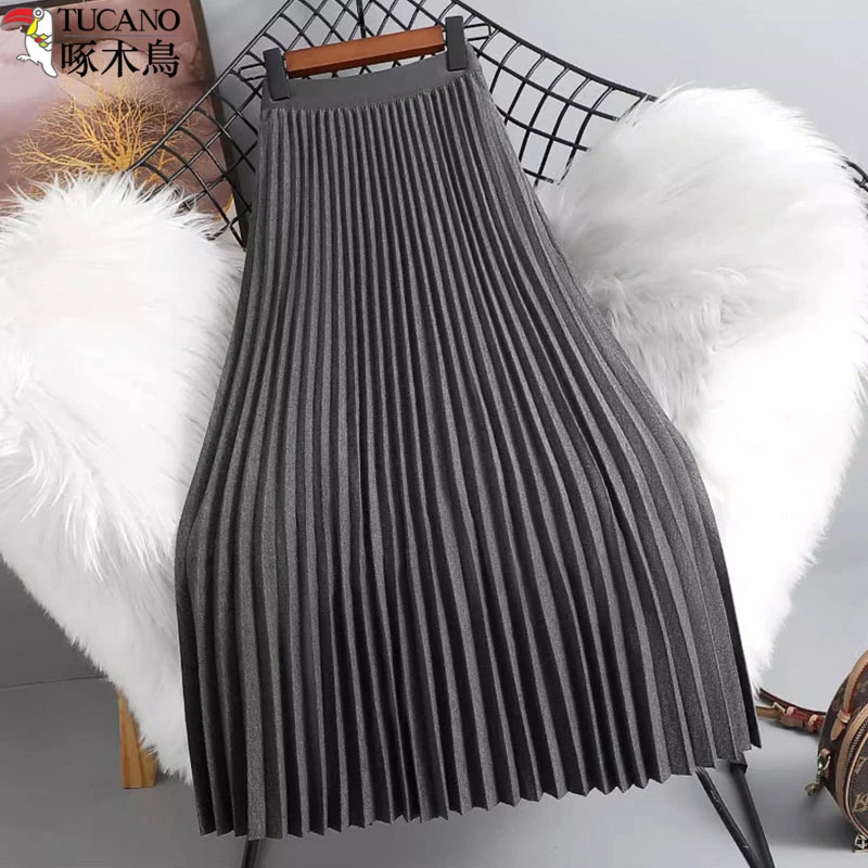啄木鸟秋冬毛呢百褶裙女装新款气质高腰小个子裙子秋冬半身裙