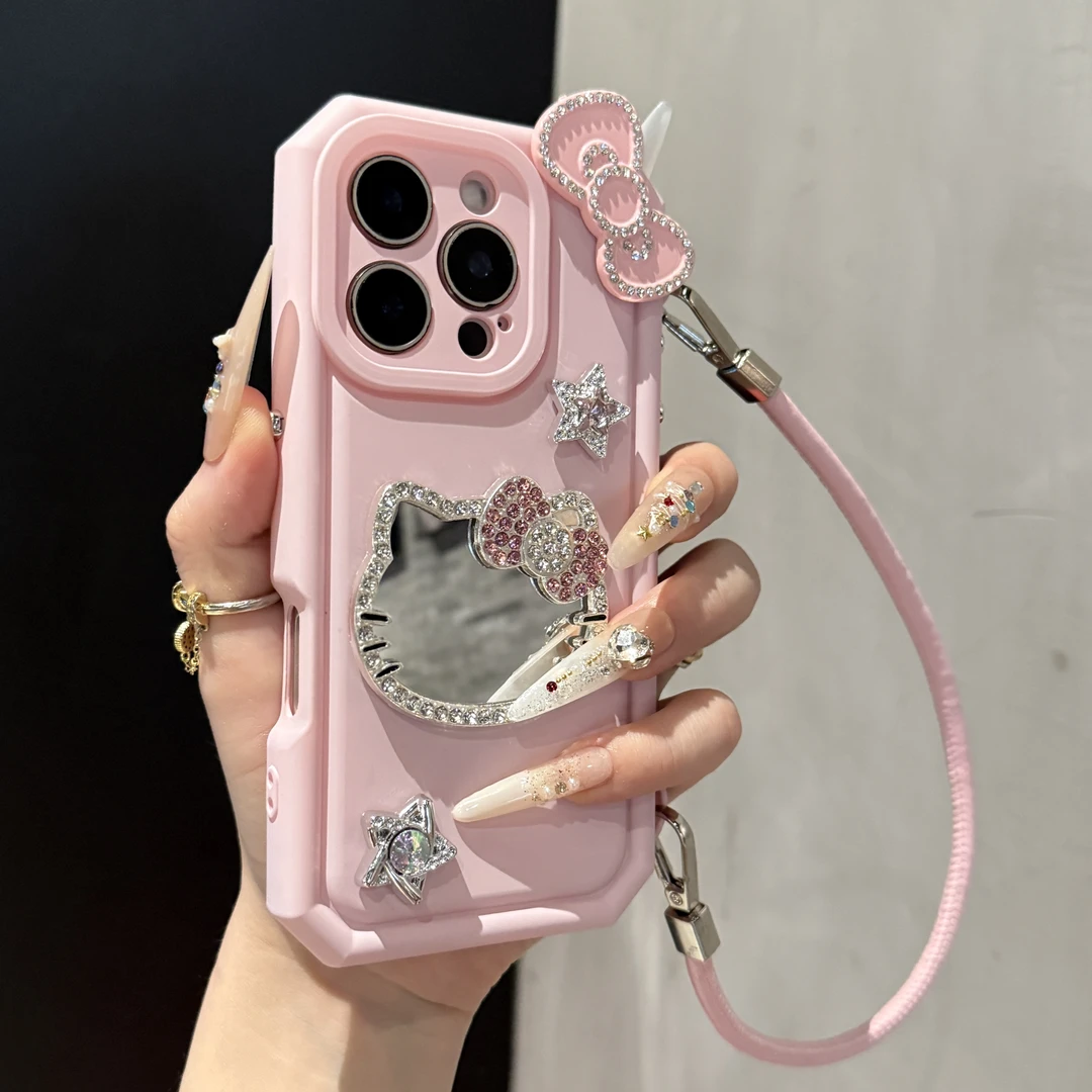 闪钻星星蝴蝶结KT猫补妆镜适用苹果16手机壳15promax创意14/13女