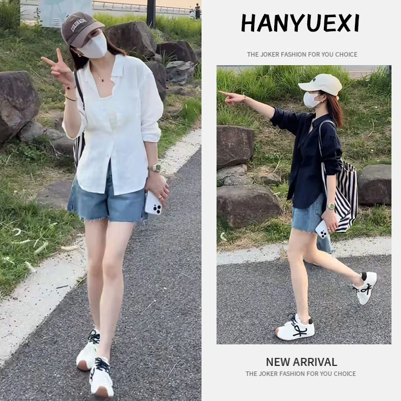 今年流行穿搭一整套2025新款防晒长袖打底背心减龄牛仔短裤三件套