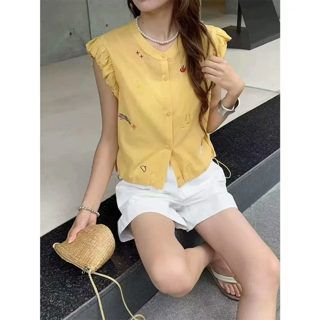 【U144】夏季新款麻感无袖圆领独特显瘦减龄衬衫