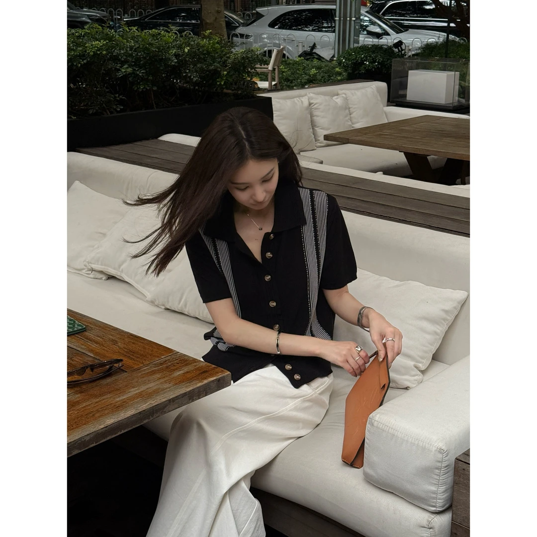 【米兰曲】“莱塞尔T丝”老钱撞色古波织法条纹透气短袖T恤21616