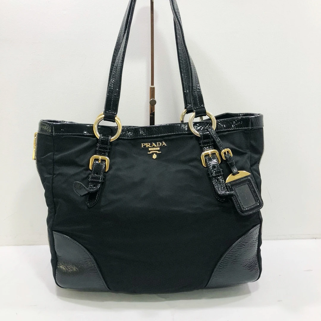 95新 Prada/普拉达 普拉达尼龙拼皮黑金手提单肩包
