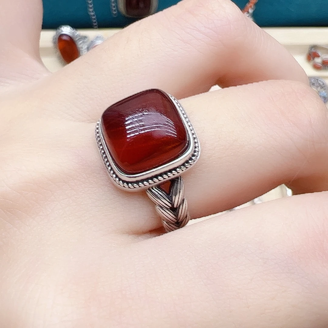 血珀戒指银S925镶嵌天然