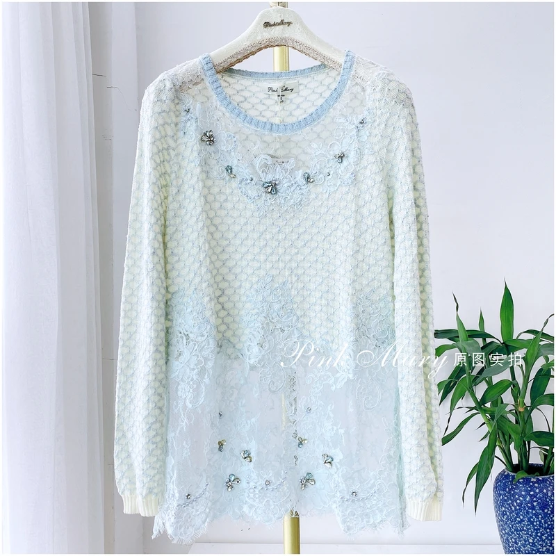 Pink Mary粉红玛琍浅蓝色圆领长袖针织衫毛衣女时尚PMAFS800859