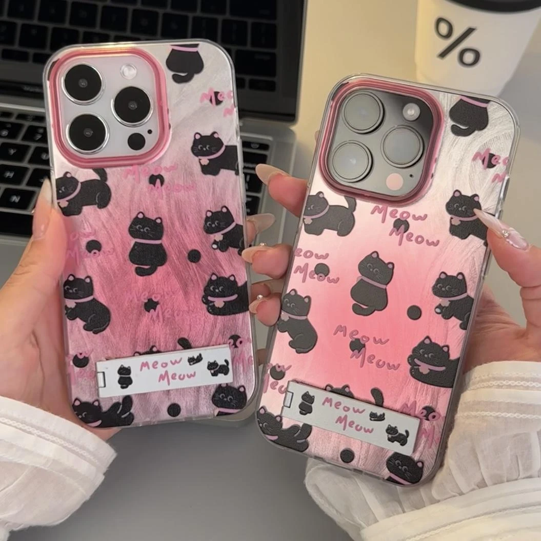 Lucky粉晕黑猫适用iPhone15ProMax羽纱手机壳华为Pura70高级感viv