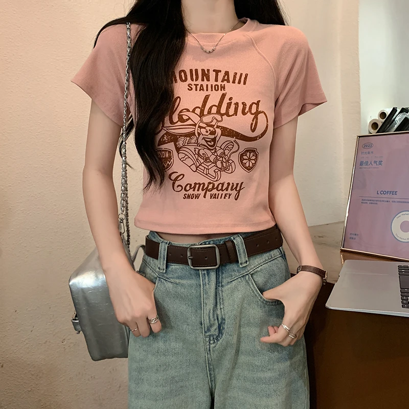 美式复古夏季新款粉色正肩短袖t恤女装设计感小众小个子修身上衣