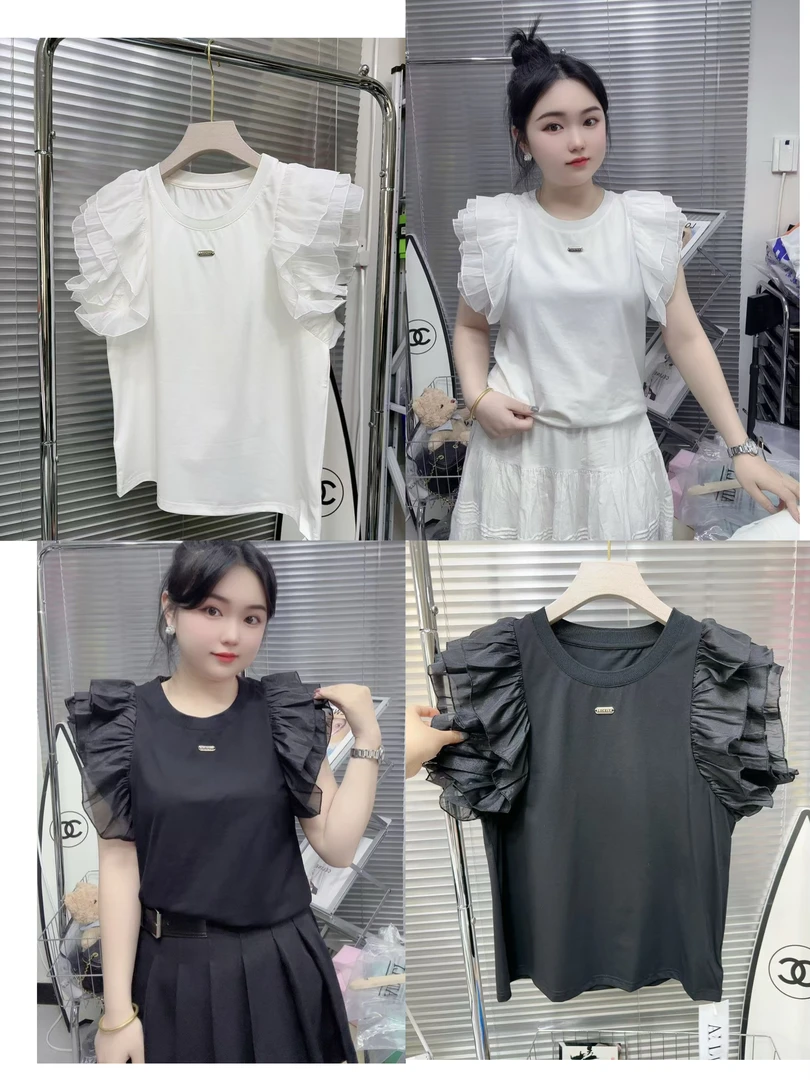双肩飞子短袖夏季新款圆领设计感小众别致港风减龄