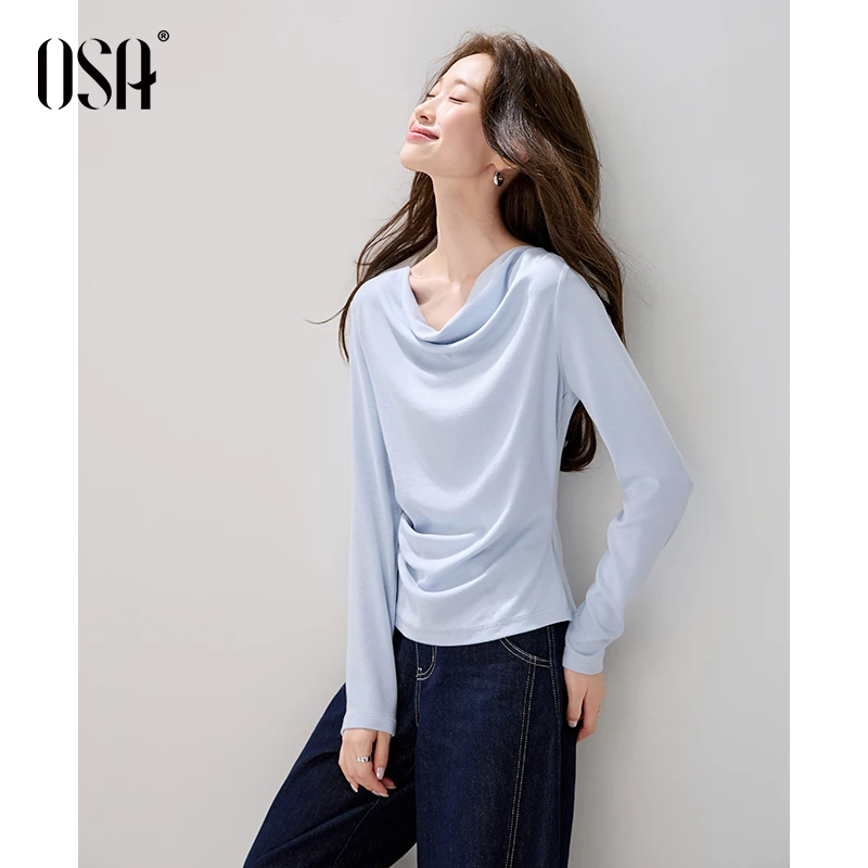 OSA/欧莎 法式荡领长袖T恤女气质优雅设计感别致上衣S125C11027