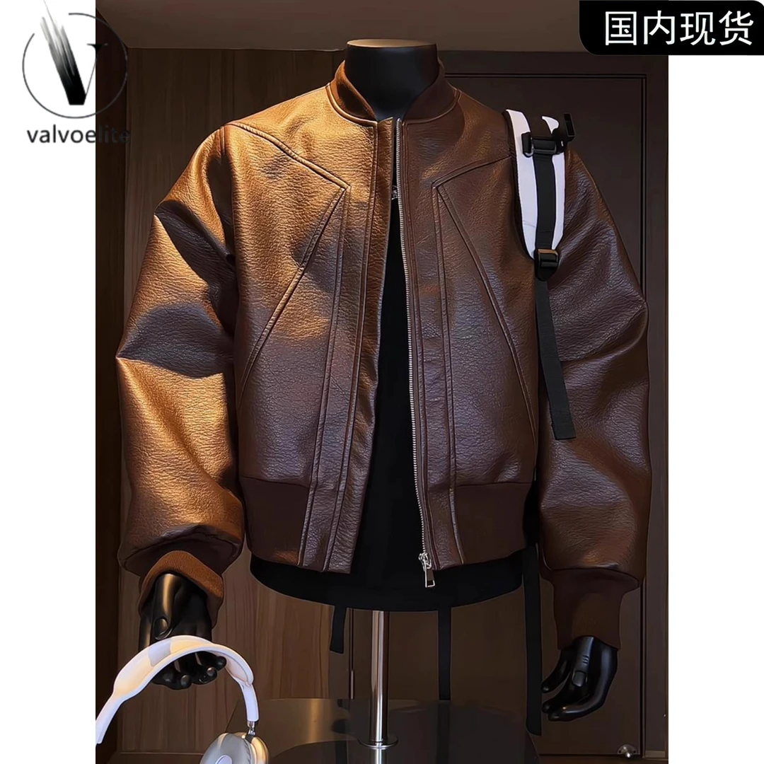 cleanfit咖棕色皮衣外套男秋季短款boxy机车拼接短款美式机车夹克