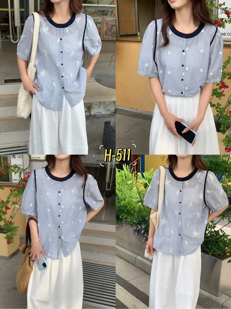 511-1 韩系刺绣花朵条纹小衫