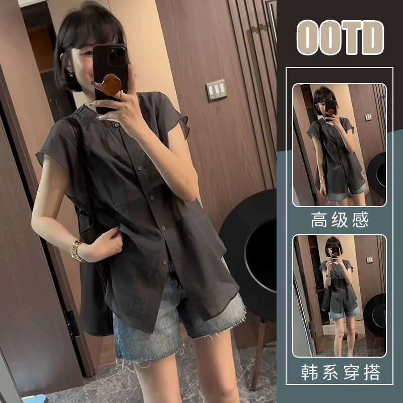 欧美休闲百搭短袖衬衫搭配高腰遮胯休闲短裤女韩版别致减龄套装潮