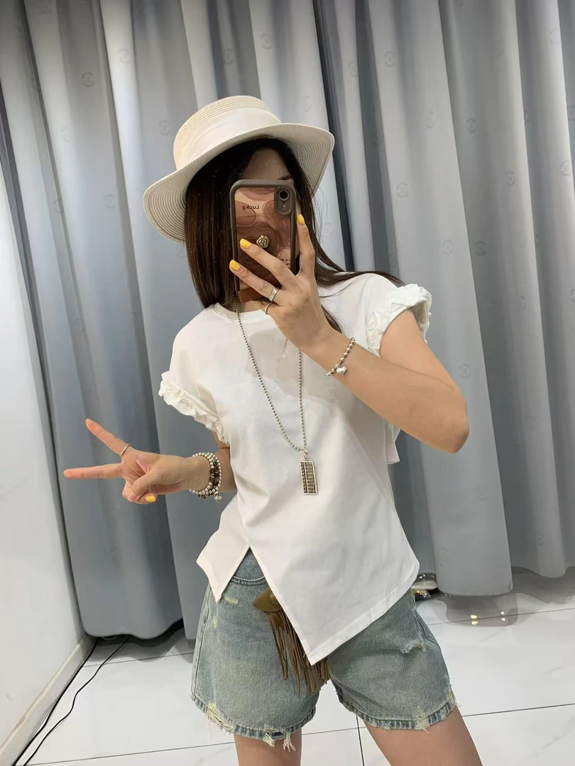 可米 夏季新款显瘦不规则修身后背绑带花边袖上衣 1502（衣长约55
