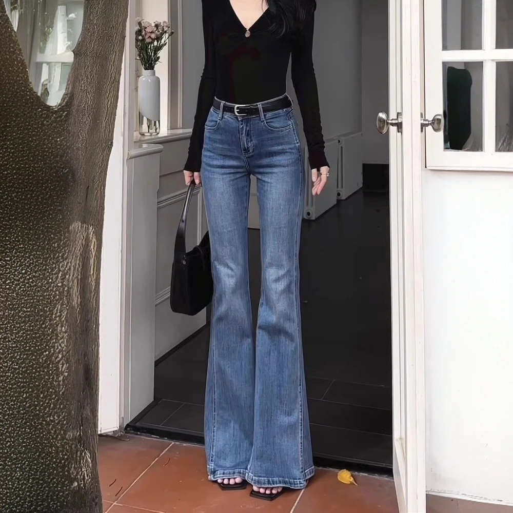 复古蓝弹力高腰微喇牛仔裤女2025夏季新款高腰显瘦修身喇叭马蹄裤