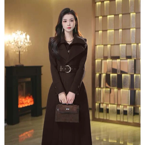 【有里布】【送腰带】翻领长袖显瘦收腰中长款连衣裙HY0139