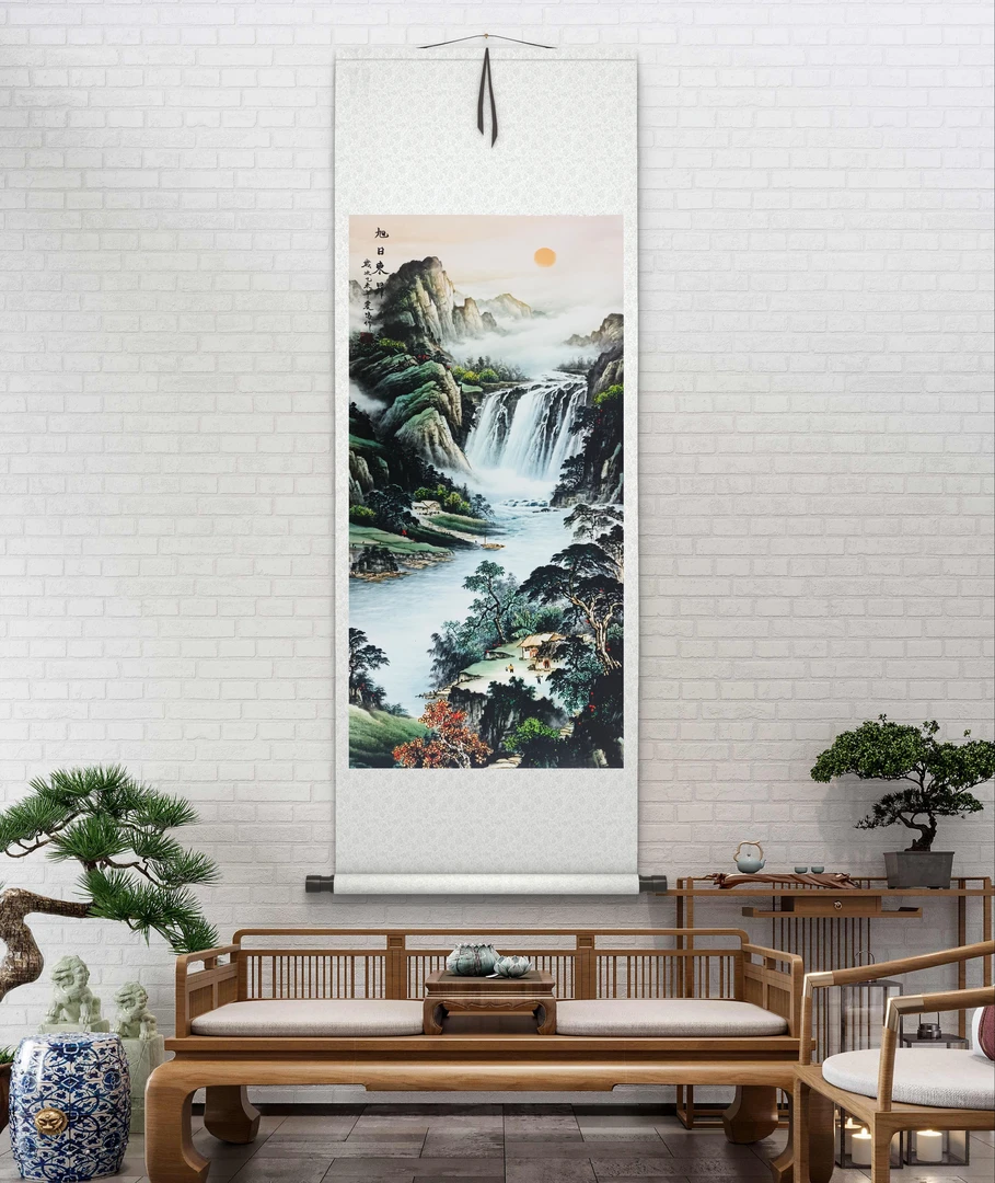 《旭日东升》玄关聚财挂画山水风景艺术装饰画竖50*150客厅高级感