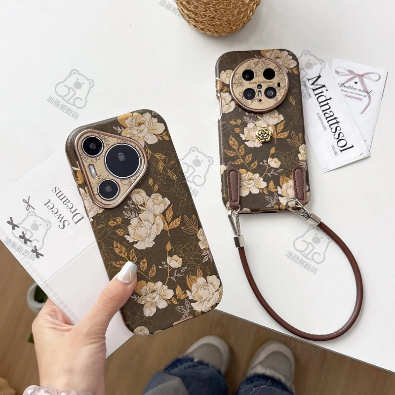 油画熊适用于华为pura80手机壳羊巴皮秋冬p70pro全包防摔60保护套