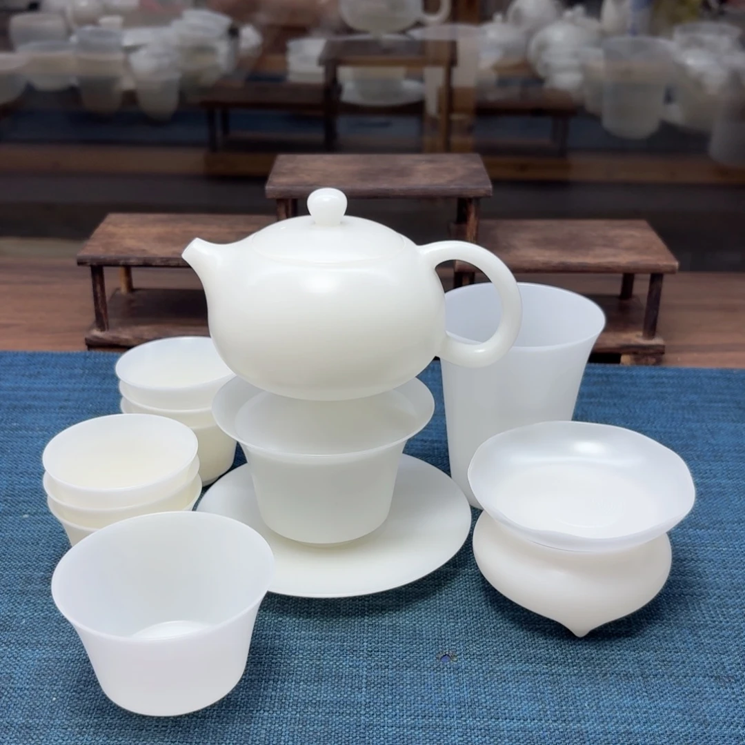 薄胎素烧璞玉冰种玉瓷茶具