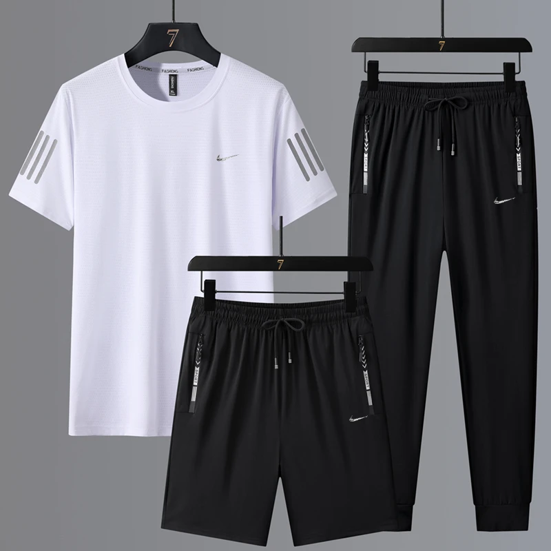 官方正品奥特莱斯夏季男士大码冰丝运动休闲套装圆领T恤速干套装