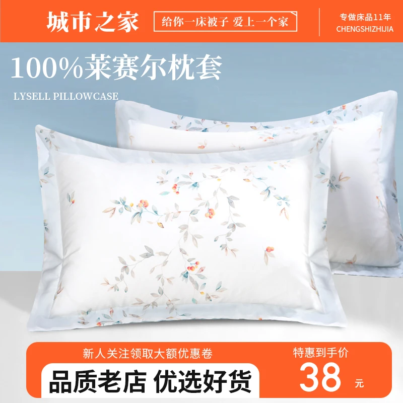 城市之家天丝印花枕套48×74cm冰丝夏季水洗真丝滑凉爽冷感一对装