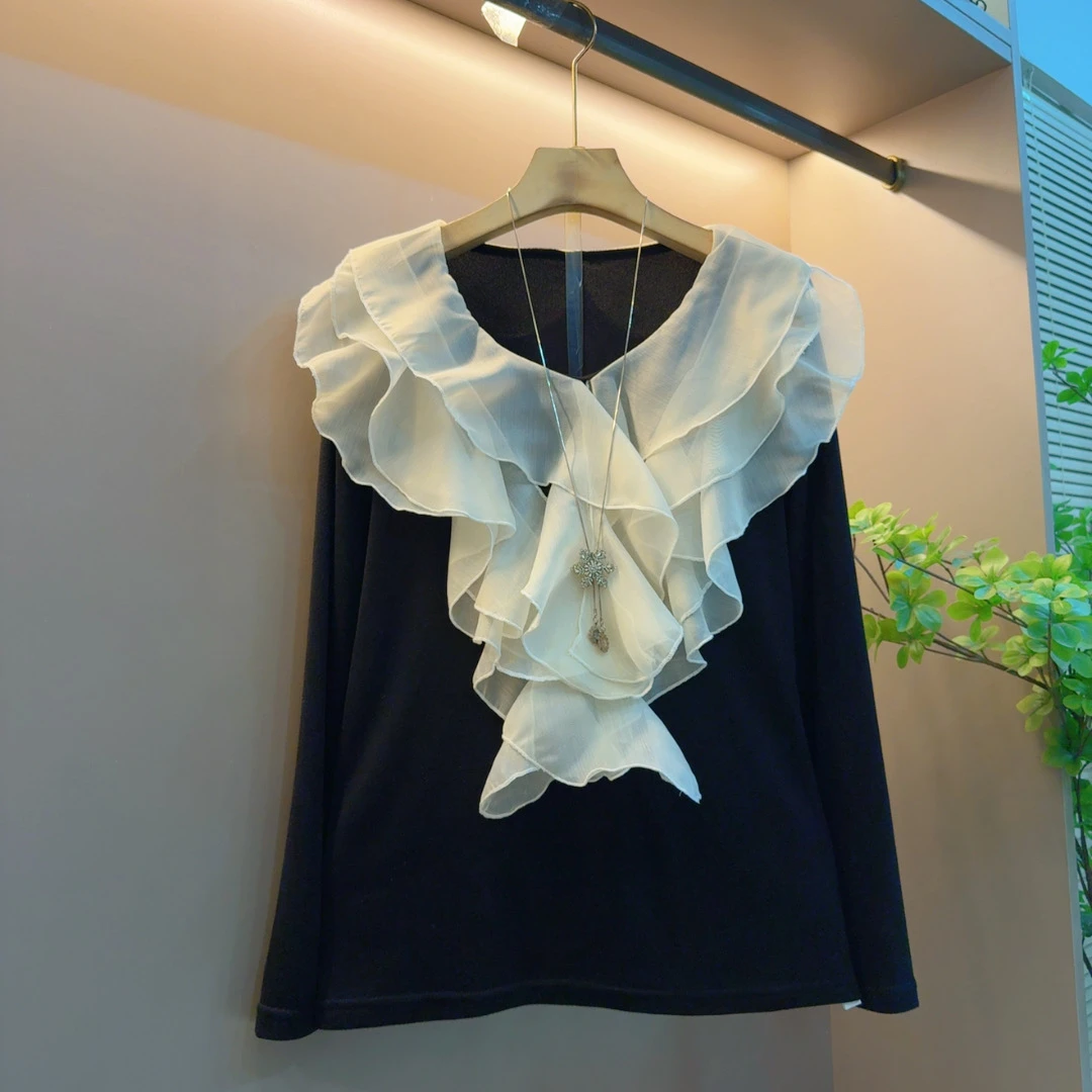 新款简约花边领洋气轻奢显瘦遮肉宽松时尚洋气上衣（衣62左右）