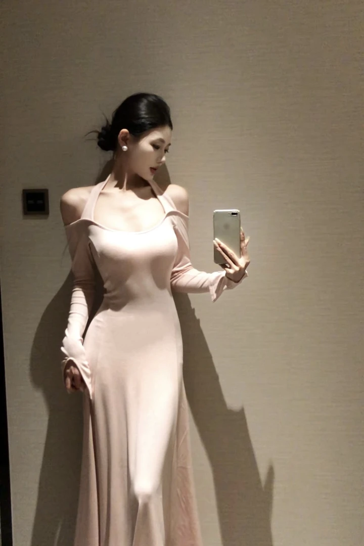 春日部【粉雾柔纱】温柔气质性感系带款吊带露肩修身连衣裙01371