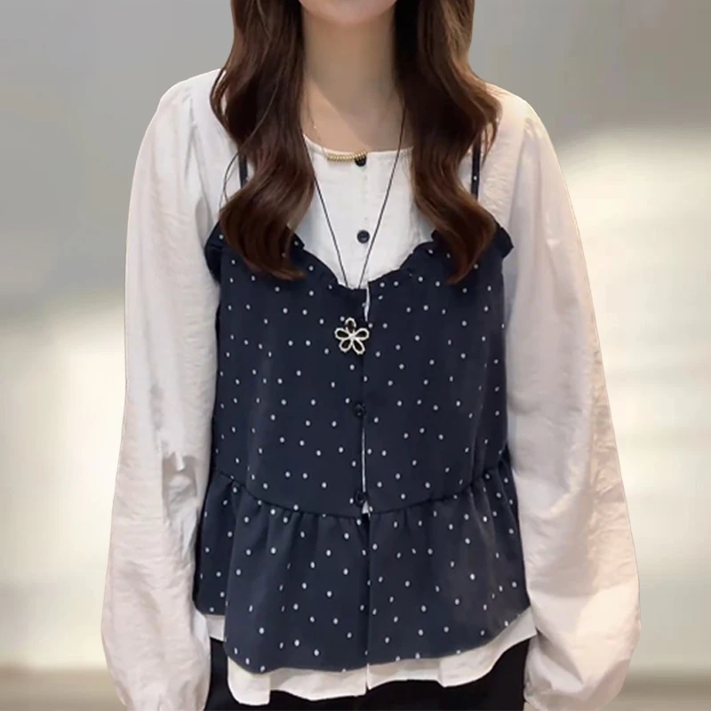 韩系2025早秋减龄吊带假两件衬衫女松弛老钱风拼色波点单排扣上衣