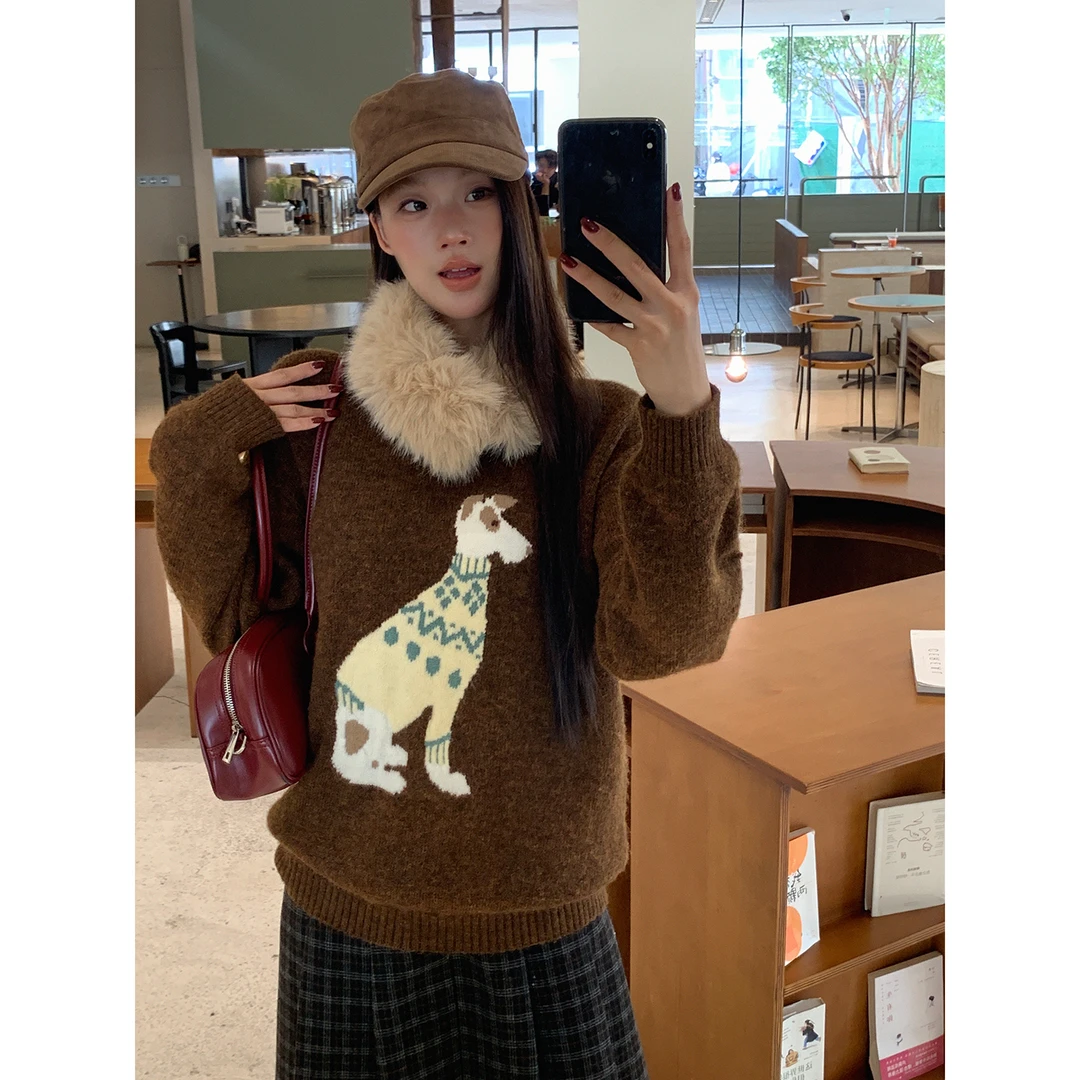 【小狗毛衣】冬季甜酷小狗提花休闲毛毛领宽松毛衣HC-25830