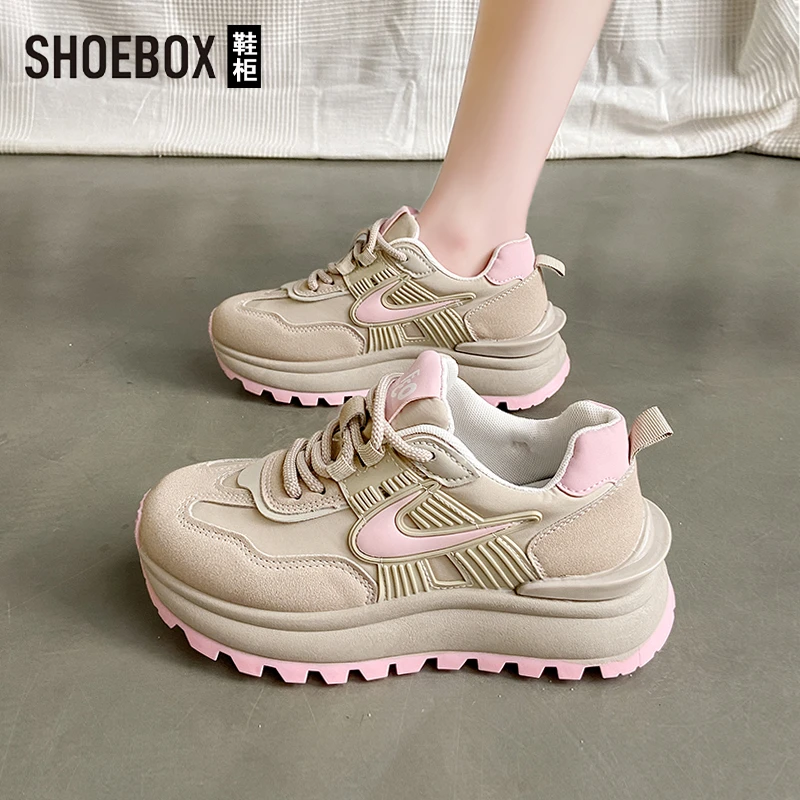 SHOEBOX鞋柜厚底增高粉色轻便老爹鞋女2025春季新款百搭阿甘鞋