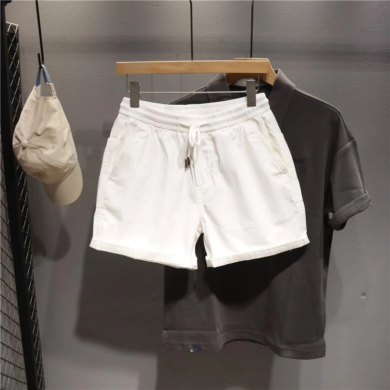 夏季薄款纯色四分裤男士跑步运动沙滩裤松紧腰修身休闲工装短裤男