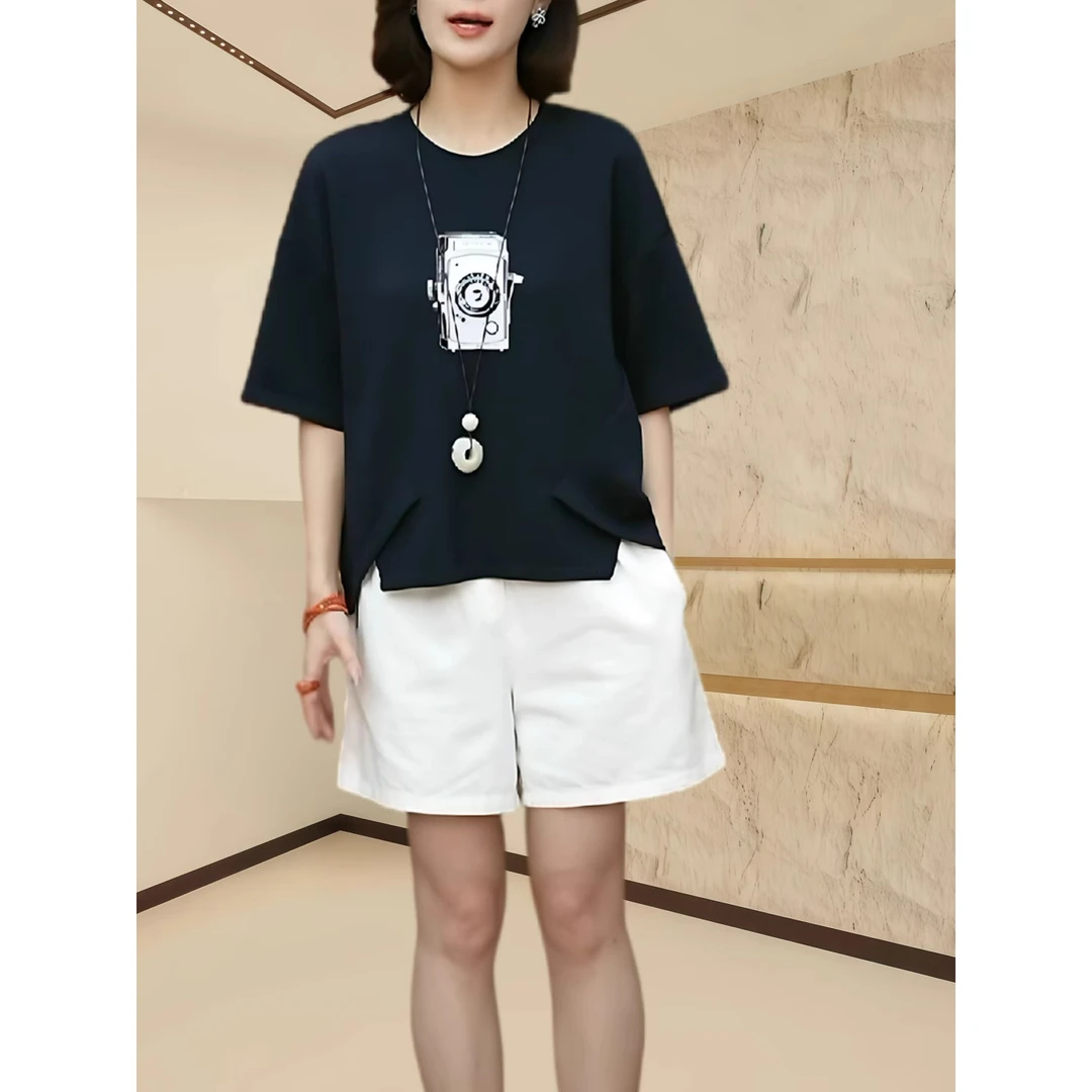 夏季新款遮肚显瘦印花设计感t恤舒适透气遮肉时尚百搭短袖上衣女