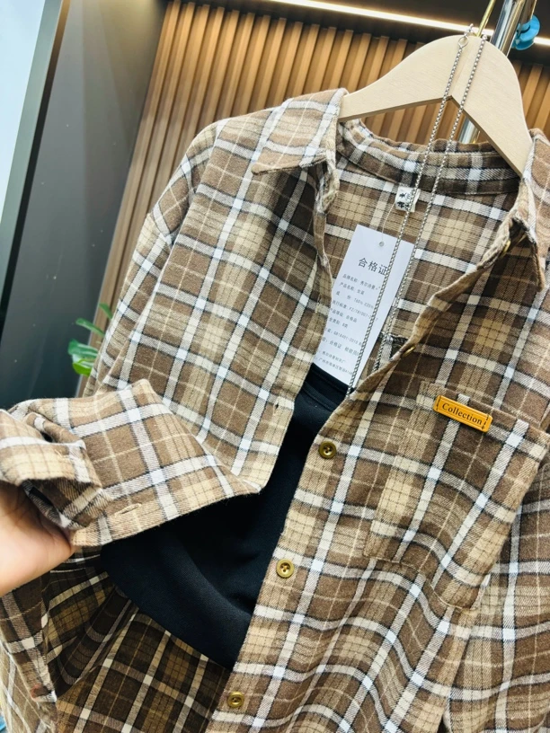 美拉德风学院新款春秋复古港味叠穿磨毛格子长袖时尚衬衫女上衣