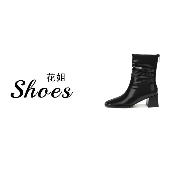 XJH5598-6 复古方头高跟短靴女秋冬粗跟马丁靴英伦风骑士靴