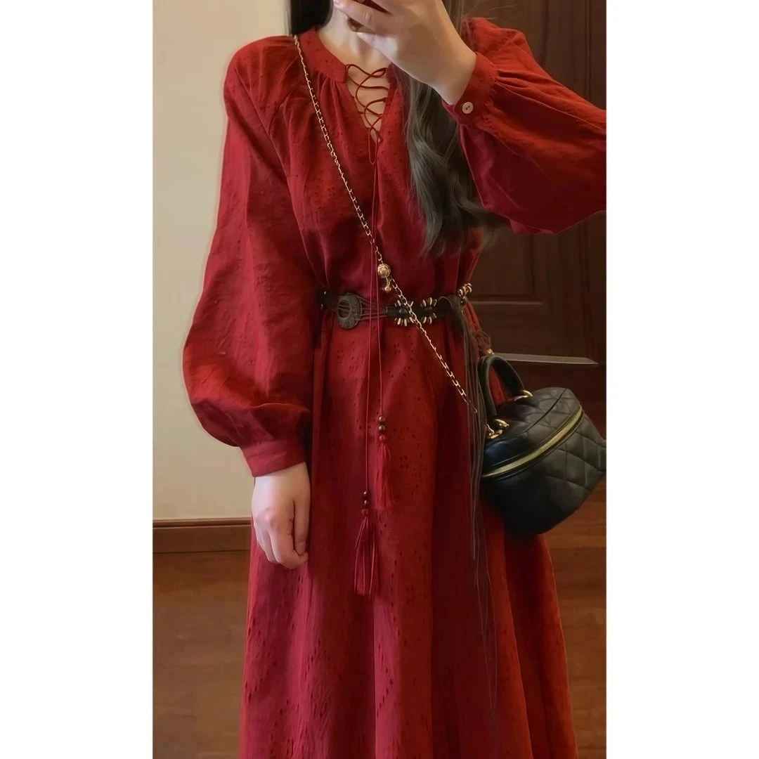 民族风复古红色镂空连衣裙云南新疆西藏旅游拍照度假长裙A786