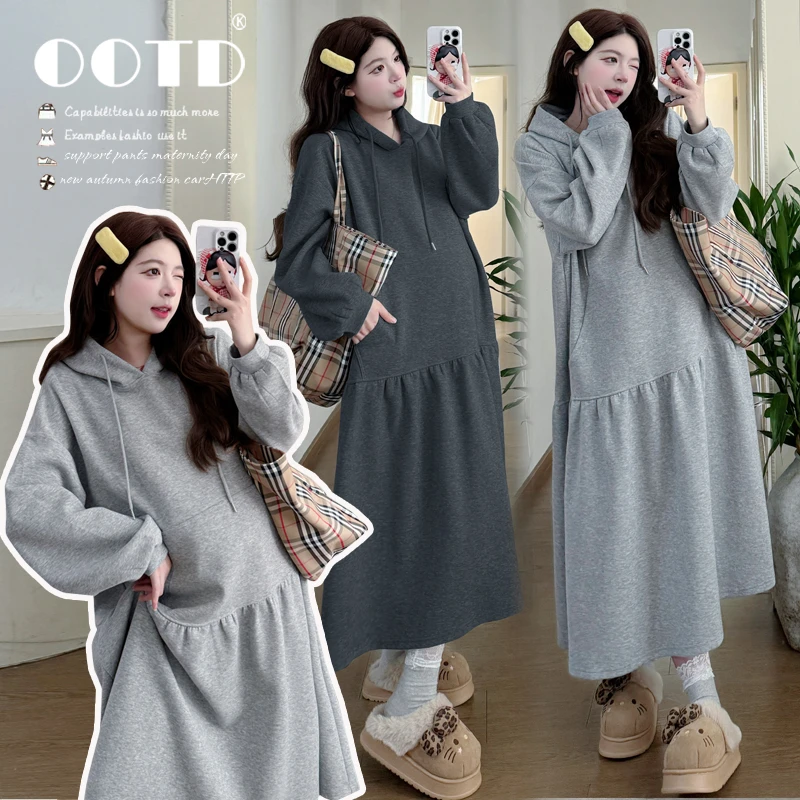 秋冬季2025孕妇新款裙子宽松大码拼接连帽套头加厚卫衣孕妇连衣裙