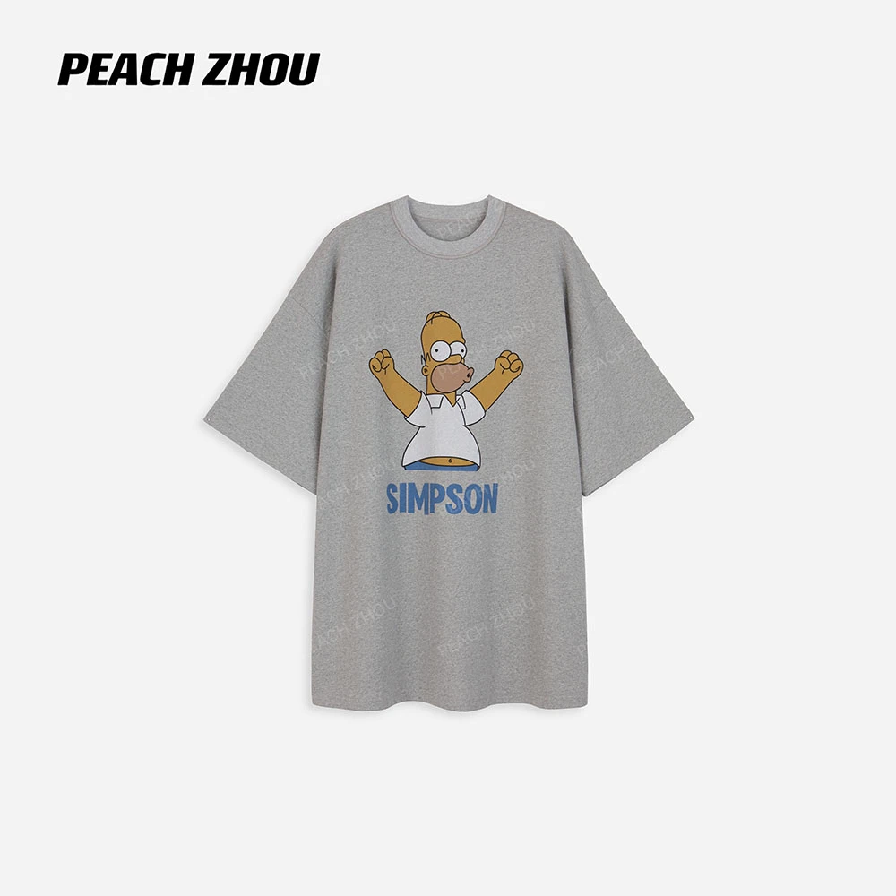 『PEACHZHOU』16支麻感棉辛普森卡通印花宽松圆领短袖休闲大版T恤