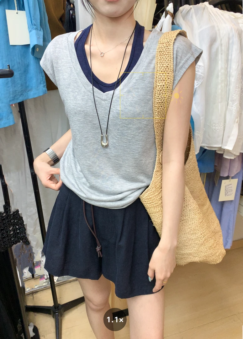 法式假两件撞色拼接设计感上衣#51008