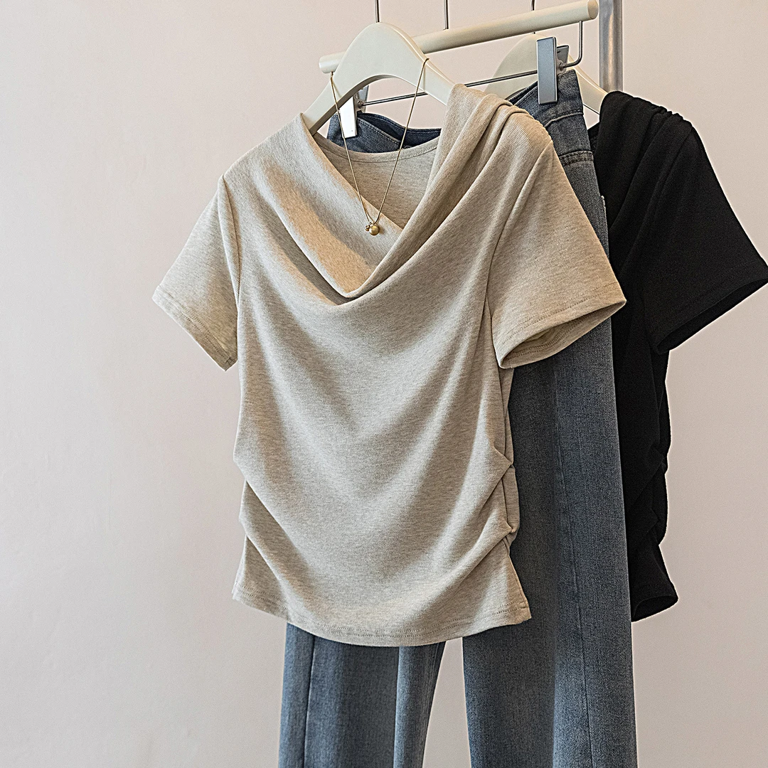 yoewshean/羽媗微胖mm修身法式设计大码女装一字肩显瘦短袖t恤潮