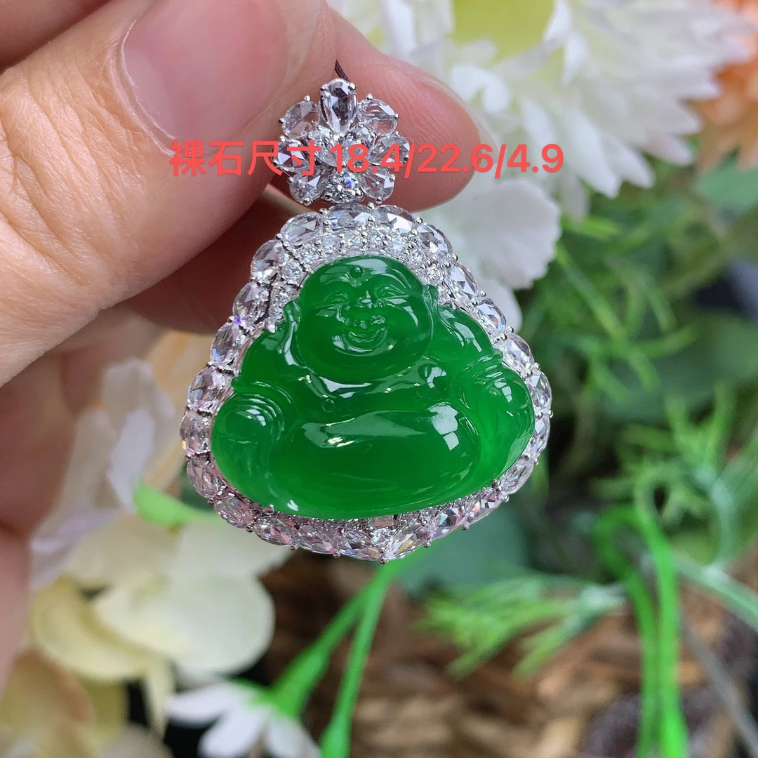 缅甸天然翡翠A货18k高冰帝王绿精品佛公吊坠黄尺寸34.9/27.3/13.8