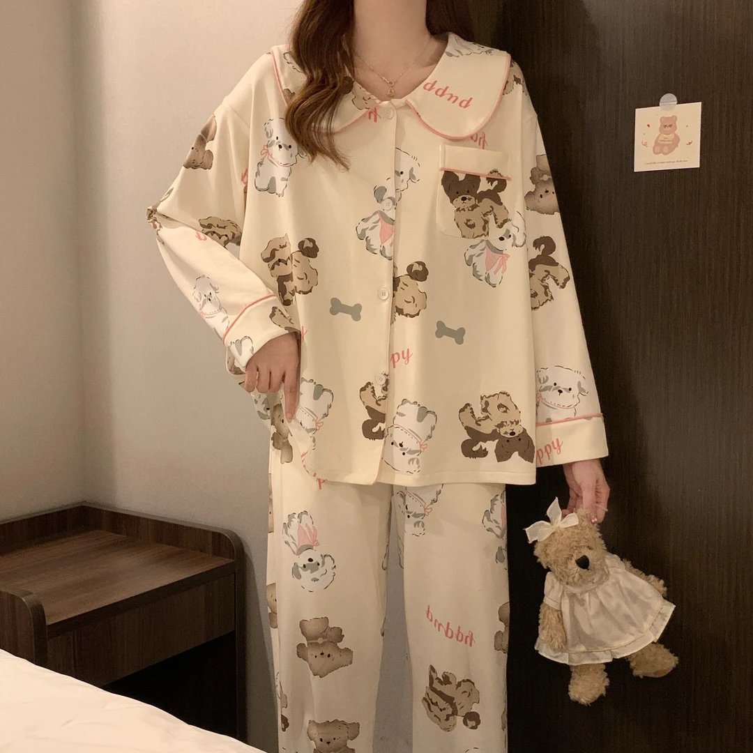 【呆萌小狗】2025新款秋冬季纯棉睡衣女卡通甜美开衫宽松家居服套装