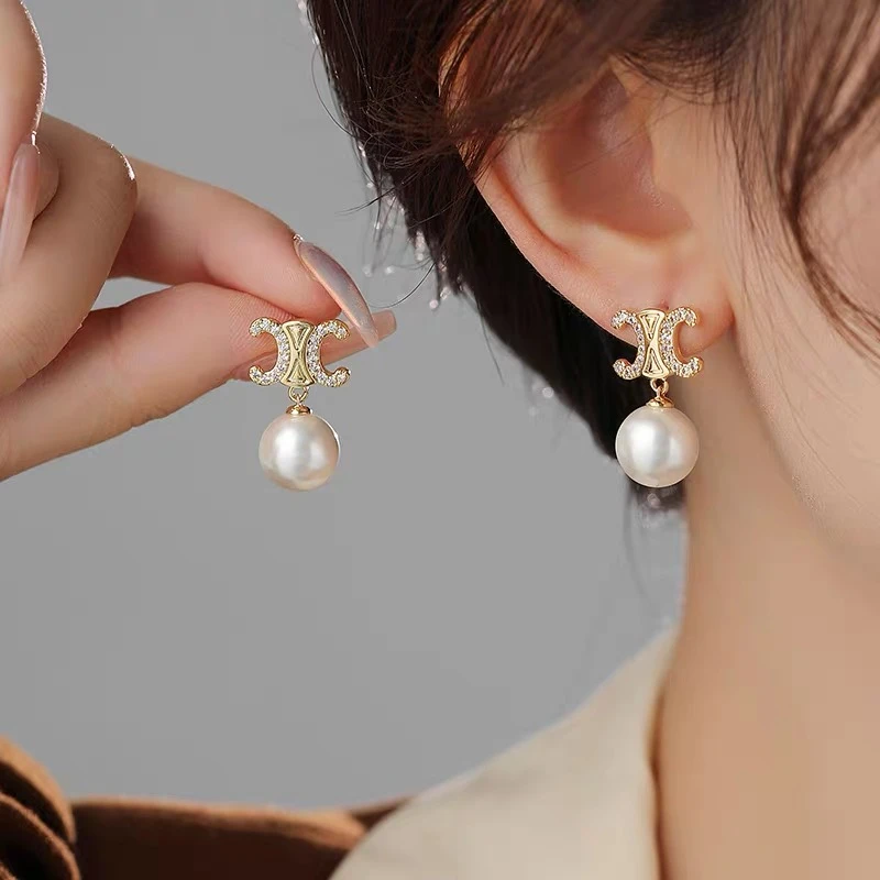 铜合金耳饰 法式珠珠耳钉耳饰镶钻耳环2024新款爆款耳坠高级感