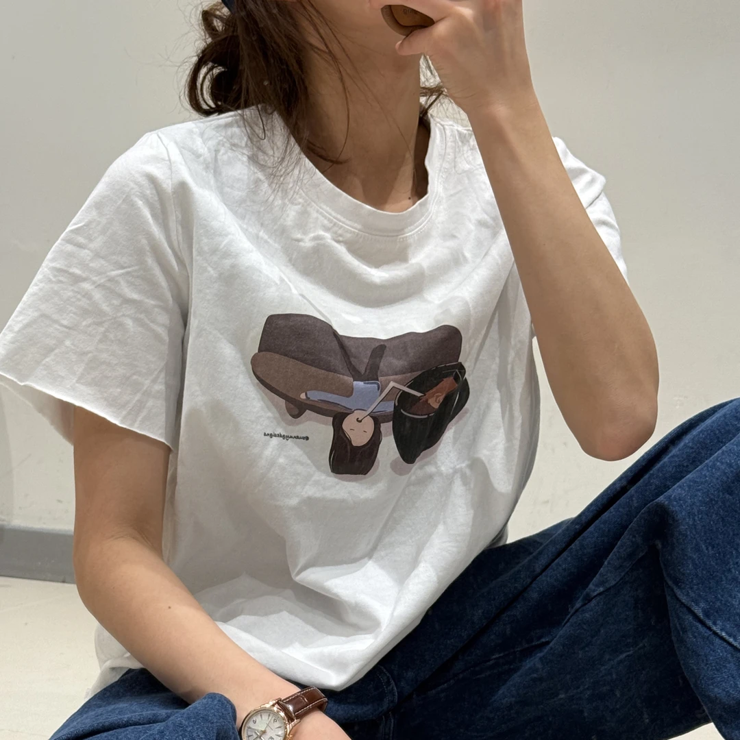 夏小朵 下午茶短袖T恤 简约小众印花宽松显瘦短袖T恤