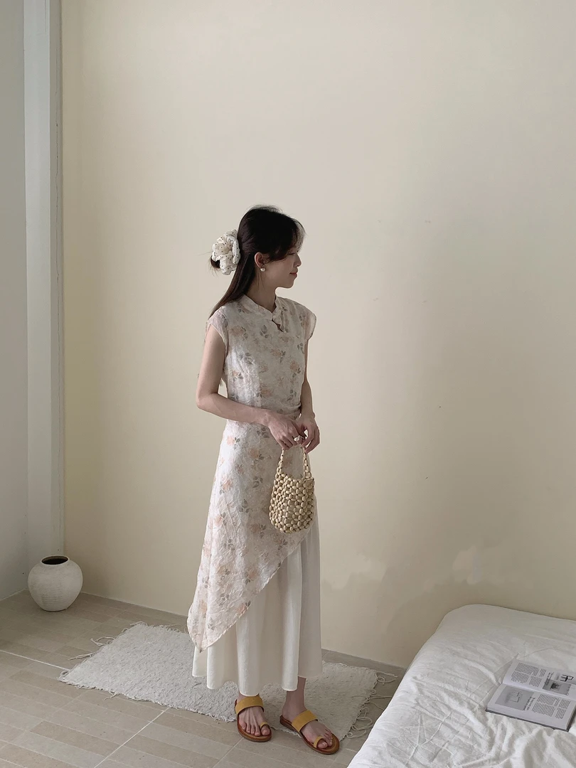 燕妮雅姿夏季碎花中长裙褶皱连衣裙国风显瘦文艺L416