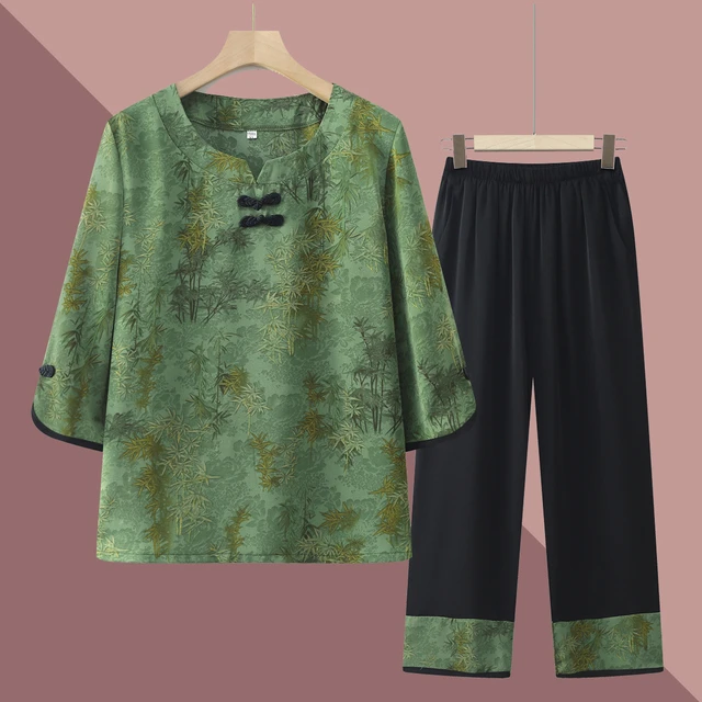 妈妈装夏装新款中袖套装中老年人女装奶奶T恤裤子老太太透气衣服