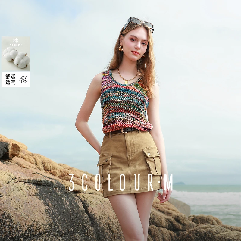 三彩2025夏季新款彩虹针织衫镂空毛衫U领无袖洋气套头衫上衣女M