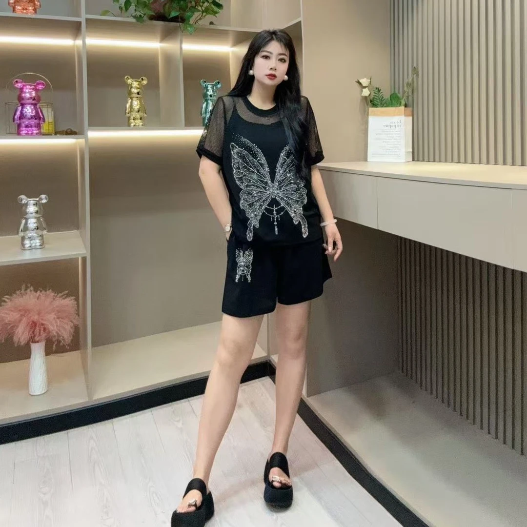 夏季套装-玲 8090时尚潮流亮闪蝴蝶结拼接微透款胖MM大码女装新款