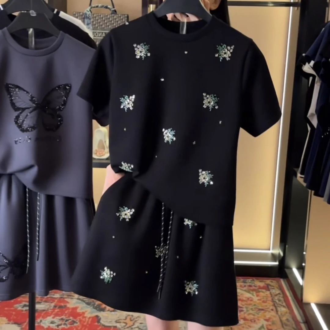 【宠粉价】满天星满印烫钻短袖套装两件套大码微胖显瘦套装裙TZ-09