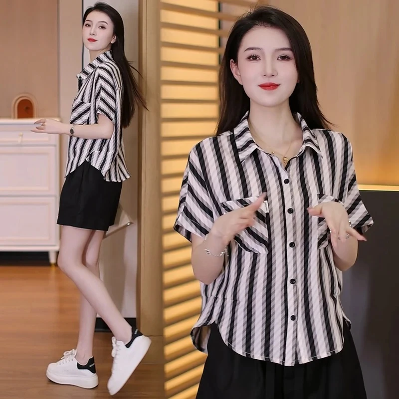 2025夏季气质显瘦条纹短袖衬衫休闲洋气减龄设计感上衣