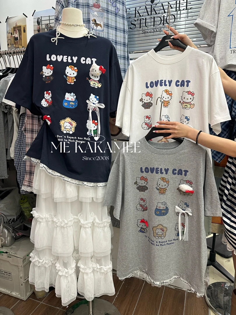 2025夏季新款可爱KT猫印花蝴蝶结圆领短袖T恤女减龄宽松休闲上衣