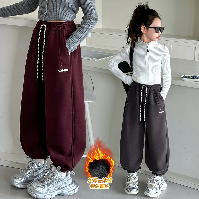 女童加绒裤子束脚卫裤一体绒秋冬季大儿童装9-15岁加厚B2显瘦百搭