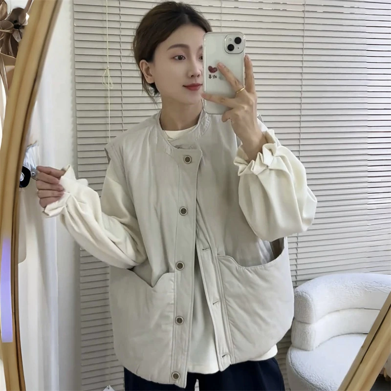 日系简约复古宽松大口袋棉马甲外套女2025秋冬新款加厚夹棉上衣潮